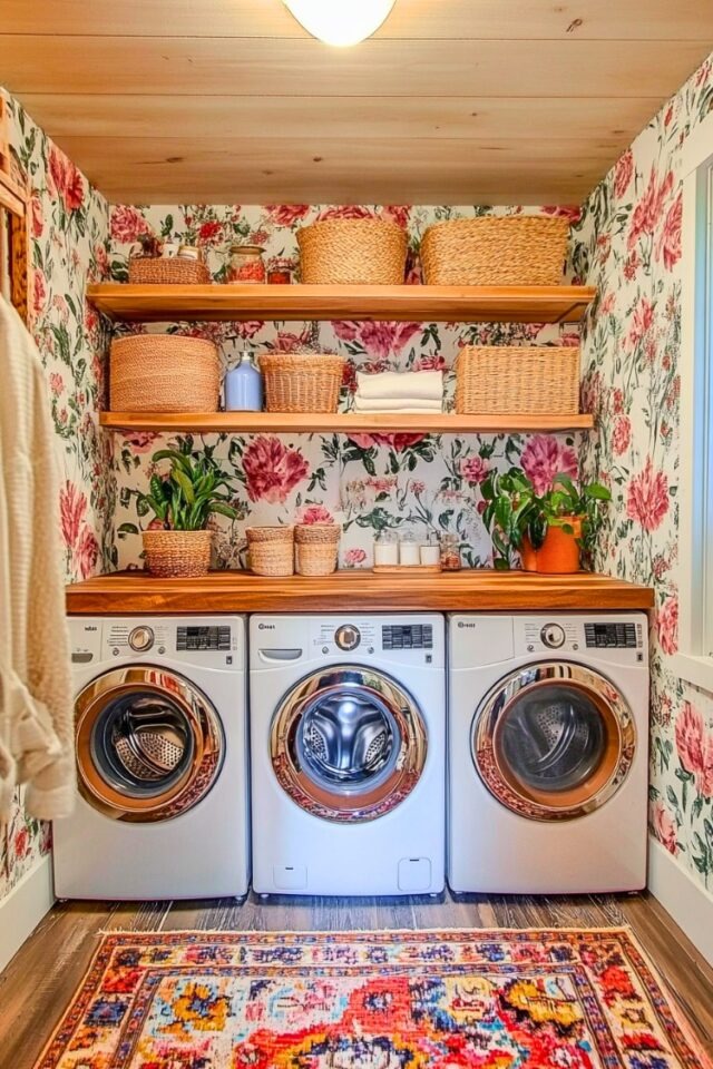 Botanical mural with lush greenery in laundry area