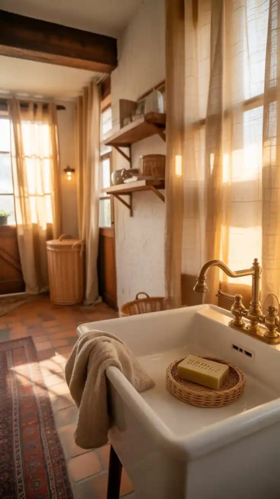 Urban skyline mural in modern laundry room