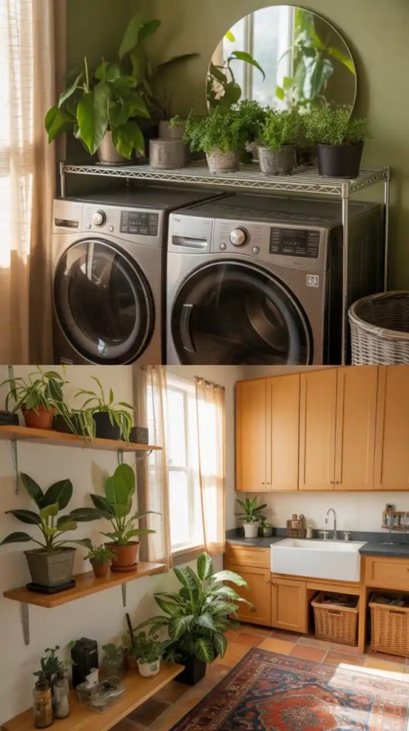Coastal wave mural in bright laundry room