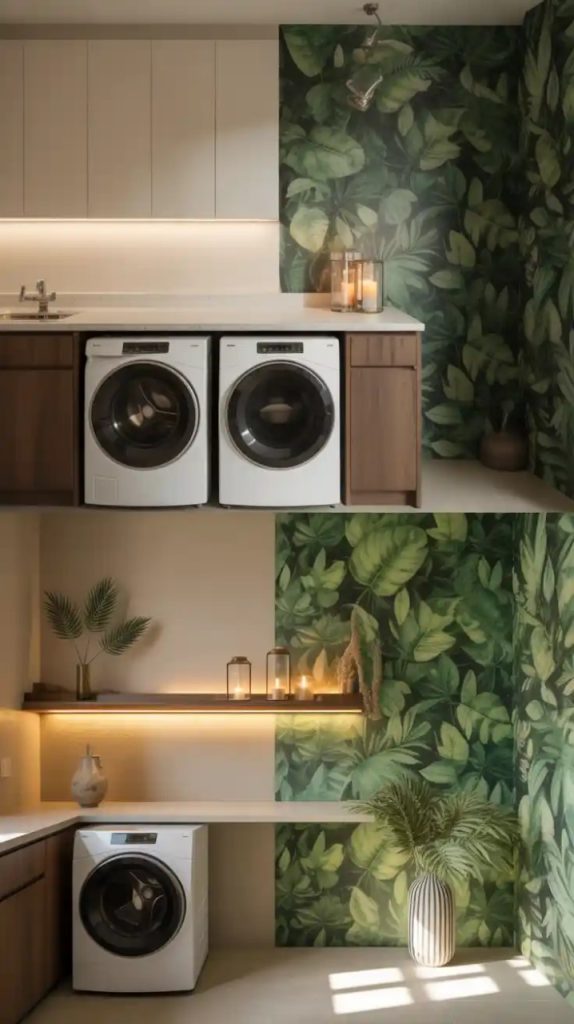 Nature-inspired mural in laundry room with forest design