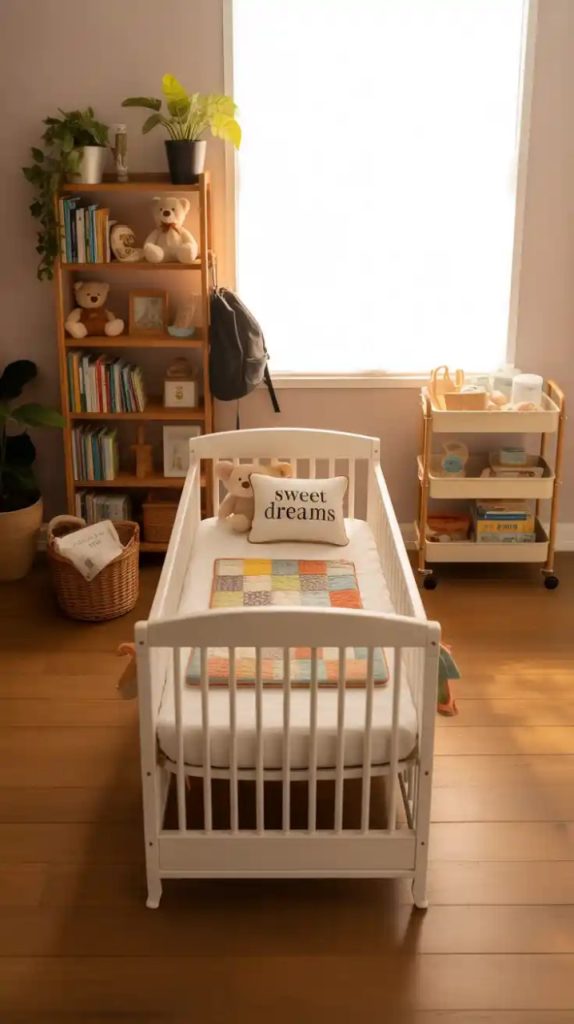 Boho nursery with canopy over crib