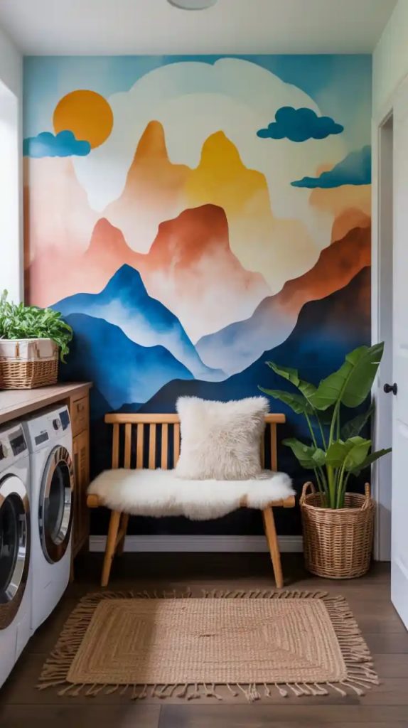 Small laundry nook with macramé wall hanging