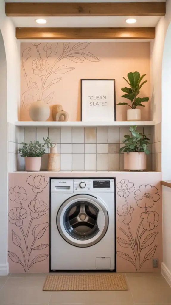 Boho laundry room with woven baskets and wood cabinets