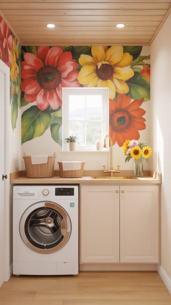 Patterned tile backsplash in a boho laundry space