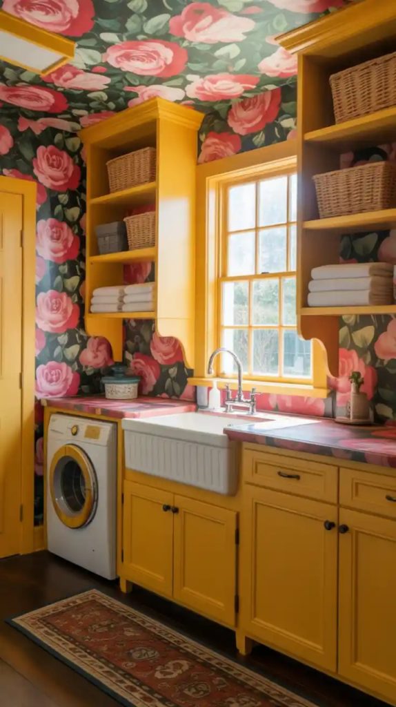 Laundry room storage with wicker baskets and jars