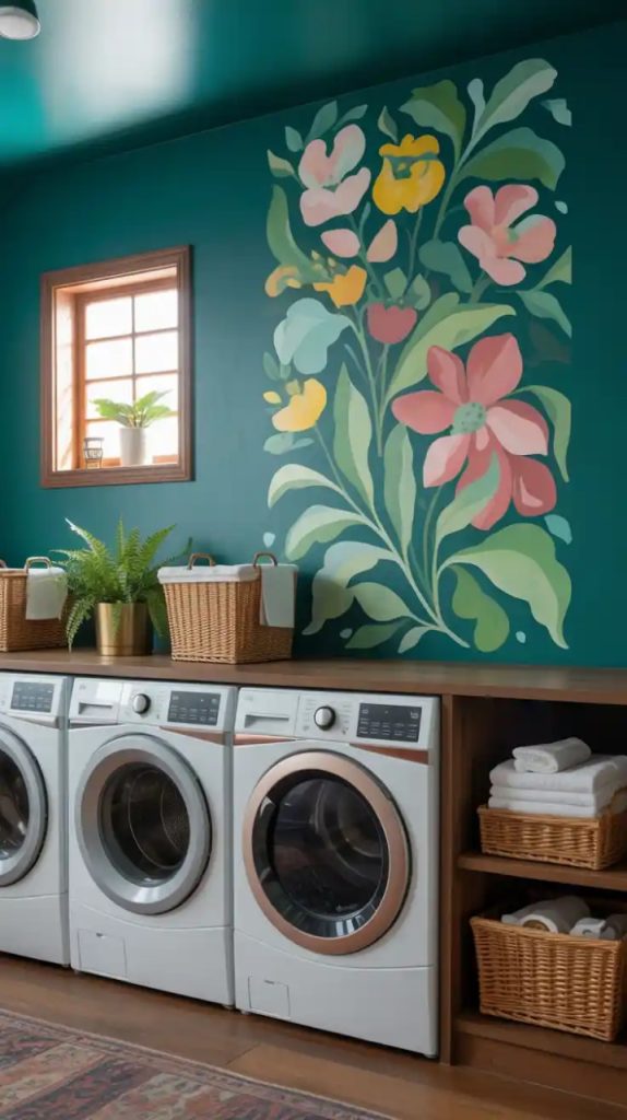 Cozy rug under washer and dryer in laundry area