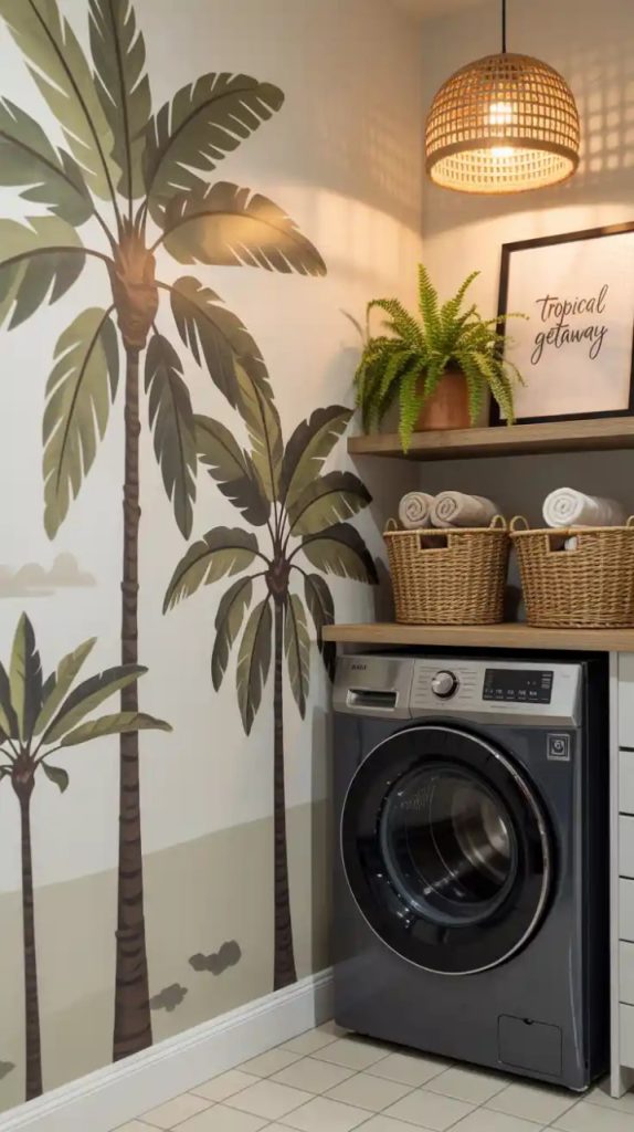 Bohemian laundry room with rattan pendant lighting