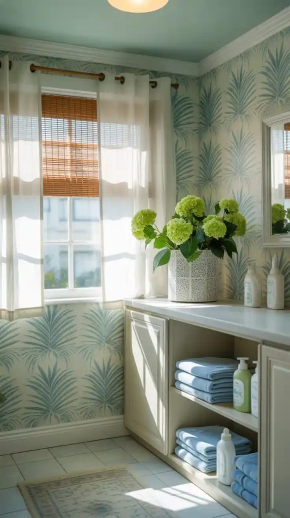 Rustic bench with boho patterned cushions in laundry