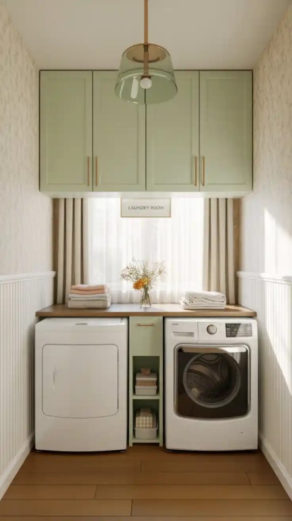 Macramé plant holder hanging in boho laundry room