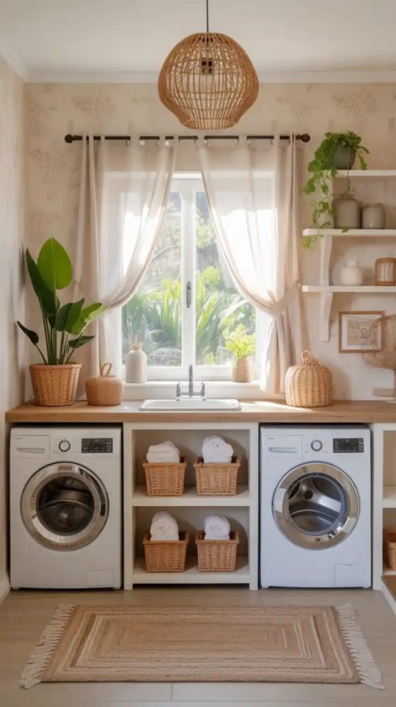 Greenery and potted plants in boho laundry design