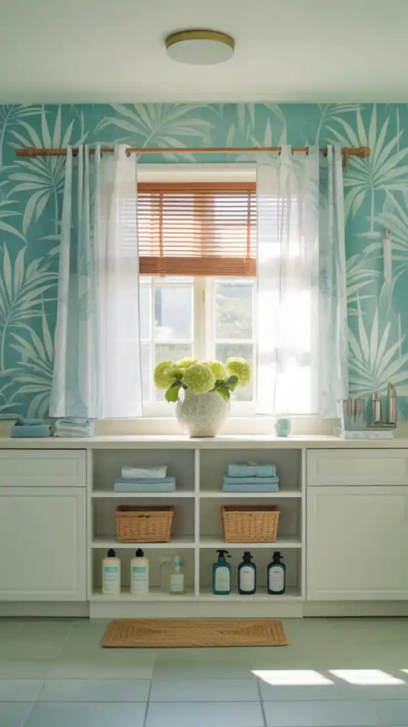 Open wooden shelves with jars and greenery