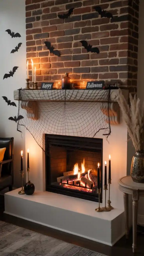 Black and orange Halloween candle display on a mantle