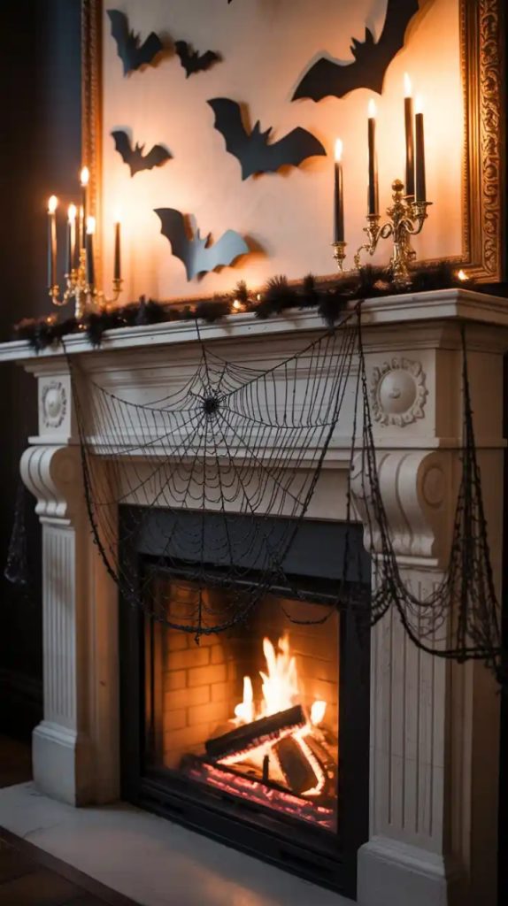 Spooky garland framing a flat-screen TV above a fireplace