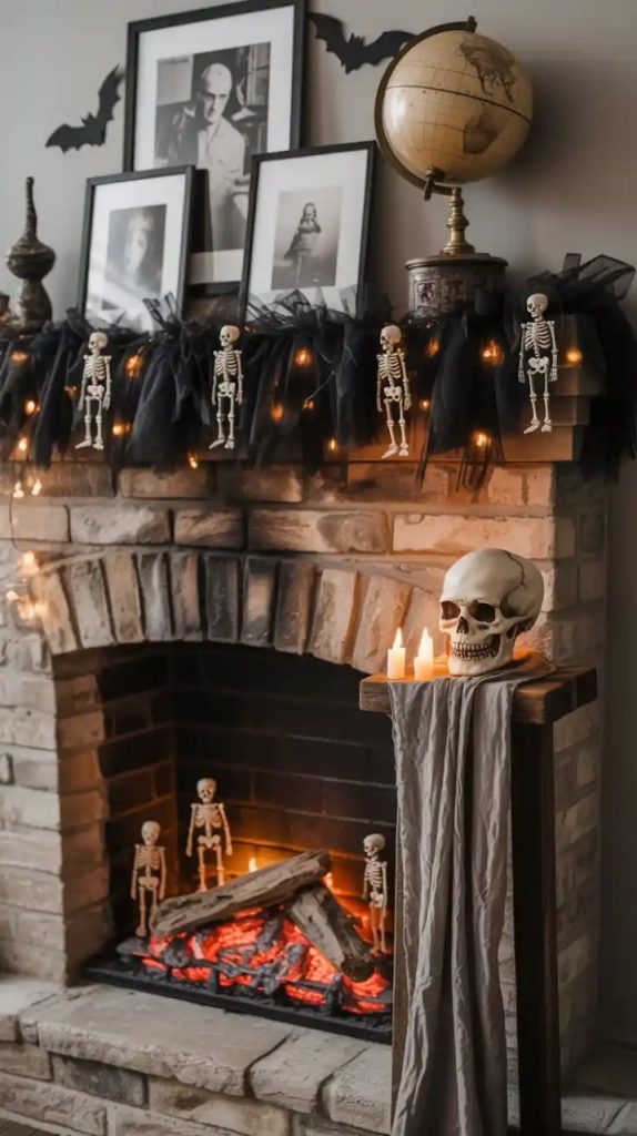 Rustic farmhouse Halloween mantle with TV