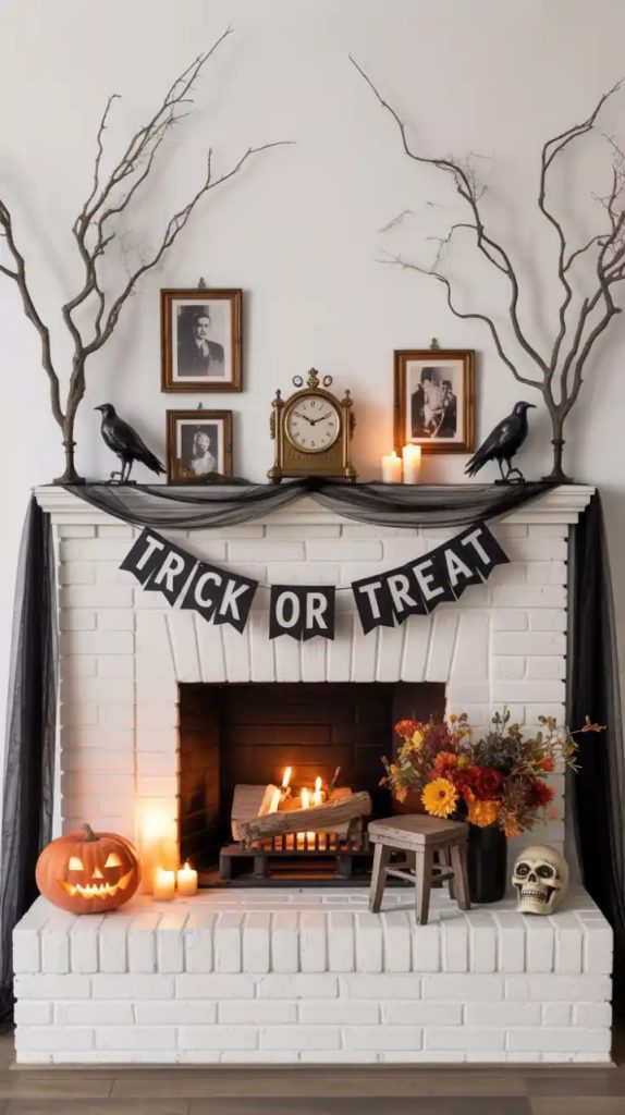 Minimal modern Halloween mantle with geometric pumpkins