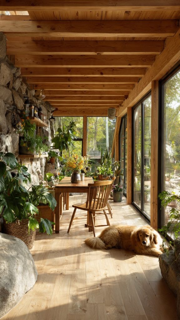 Boho sunroom with rattan armchair and natural light