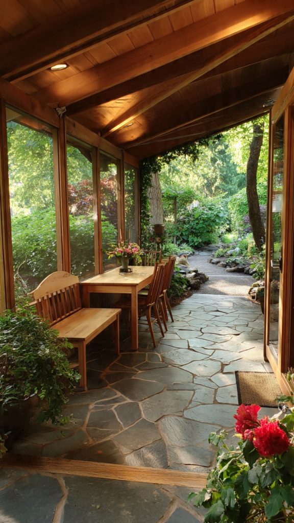 Layered bohemian rugs in cozy sunroom design
