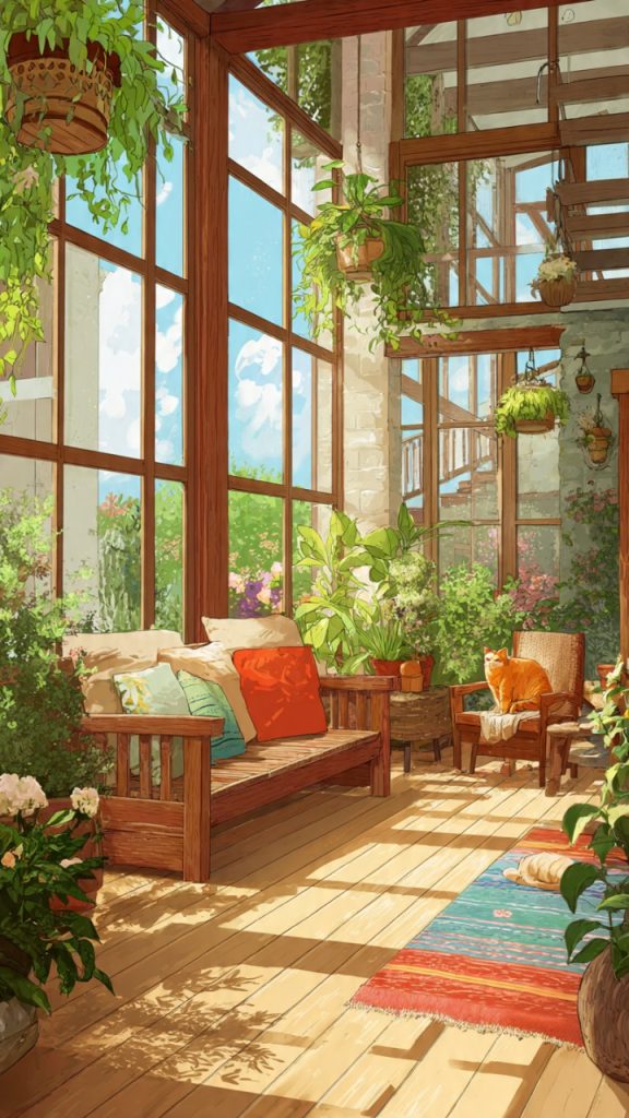 Vintage wooden coffee table in bohemian sunroom