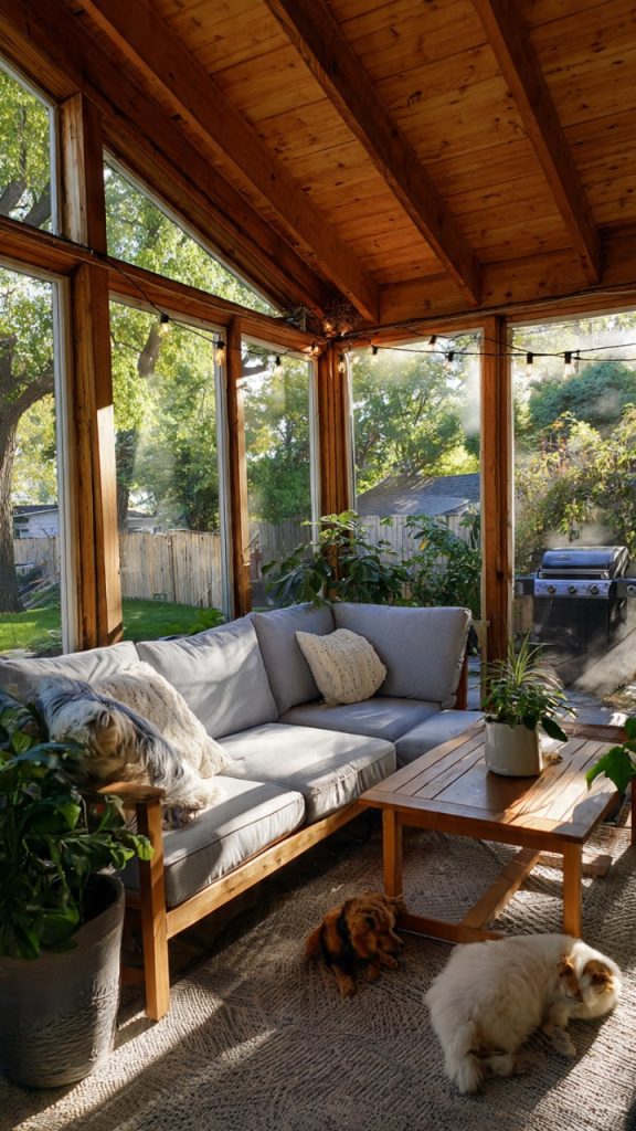 Macramé wall hanging in bright sunroom corner