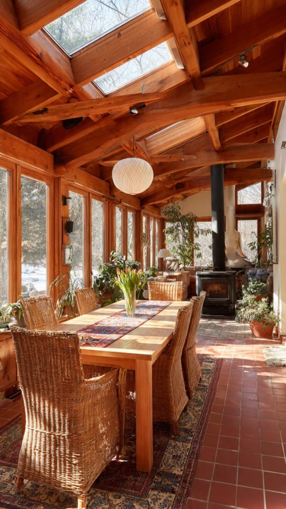 Bamboo blinds and sheer curtains in sunny room
