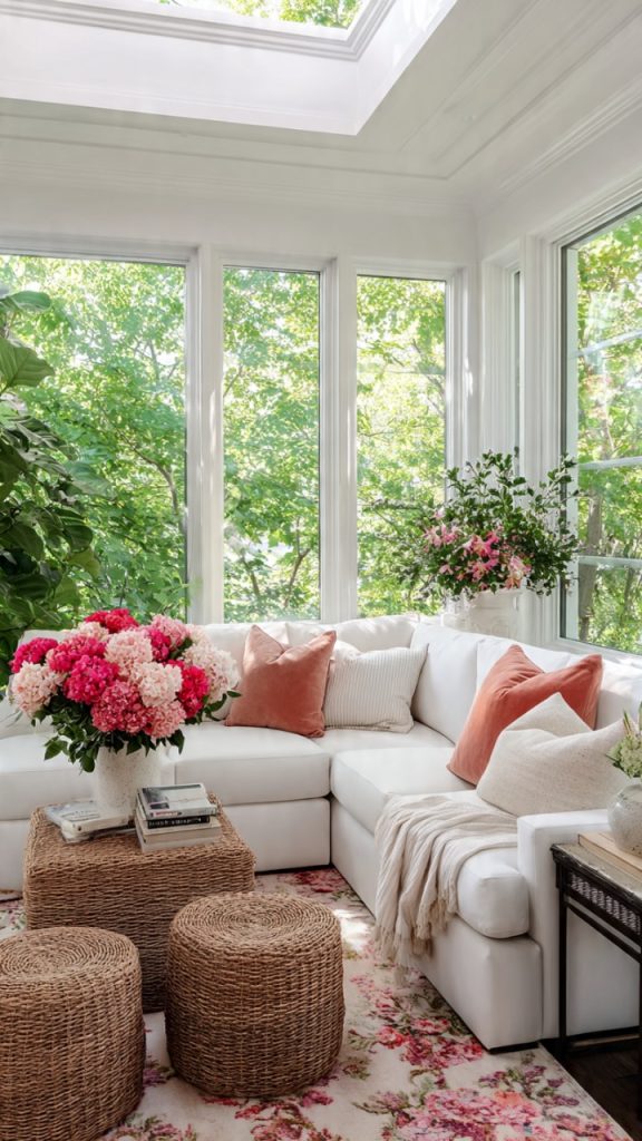 Earthy color palette in boho sunroom interior