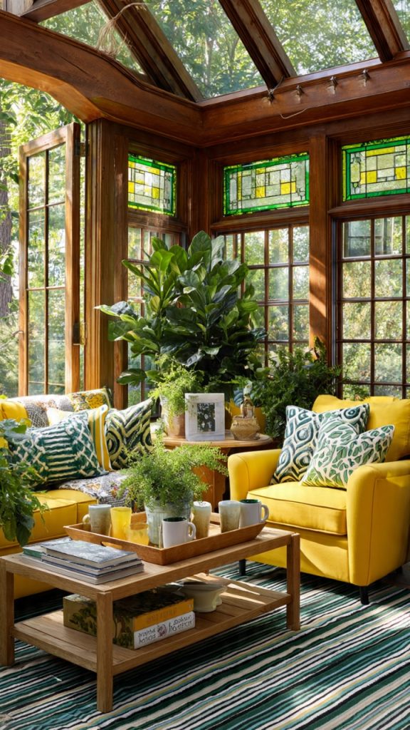 String lights and lanterns in cozy sunroom