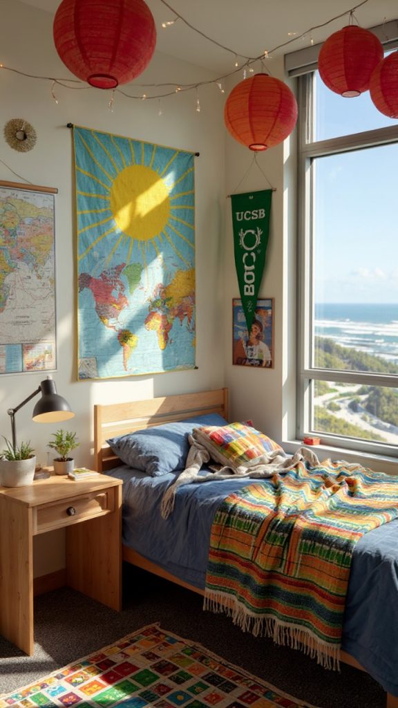 Neutral bedding with dark throw pillows in dorm