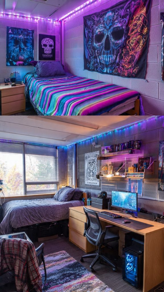 Sports-inspired wall décor in a college dorm