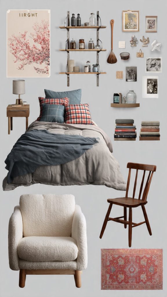 Bold patterned rug in a dorm room