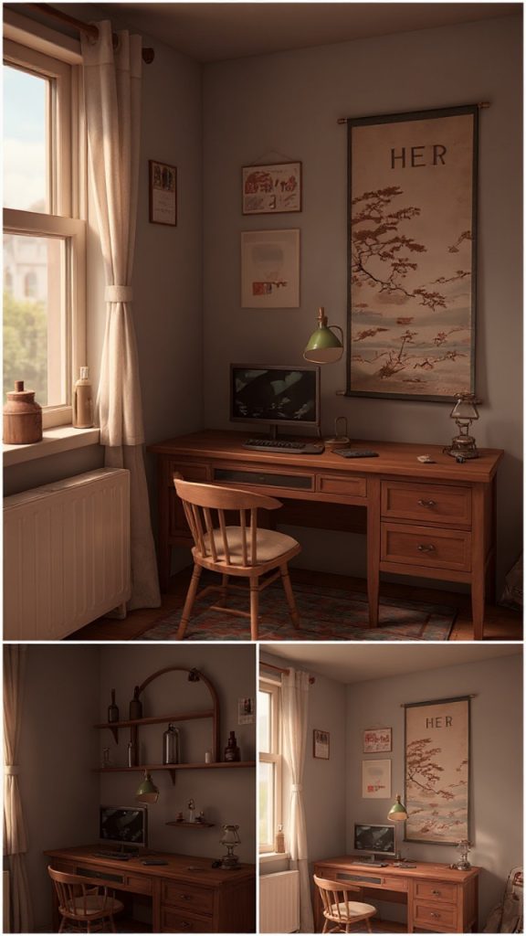 Minimalist desk setup with plants and lamp