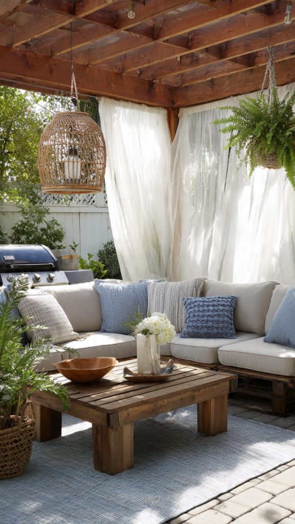 Weather-resistant fabric curtains outdoors