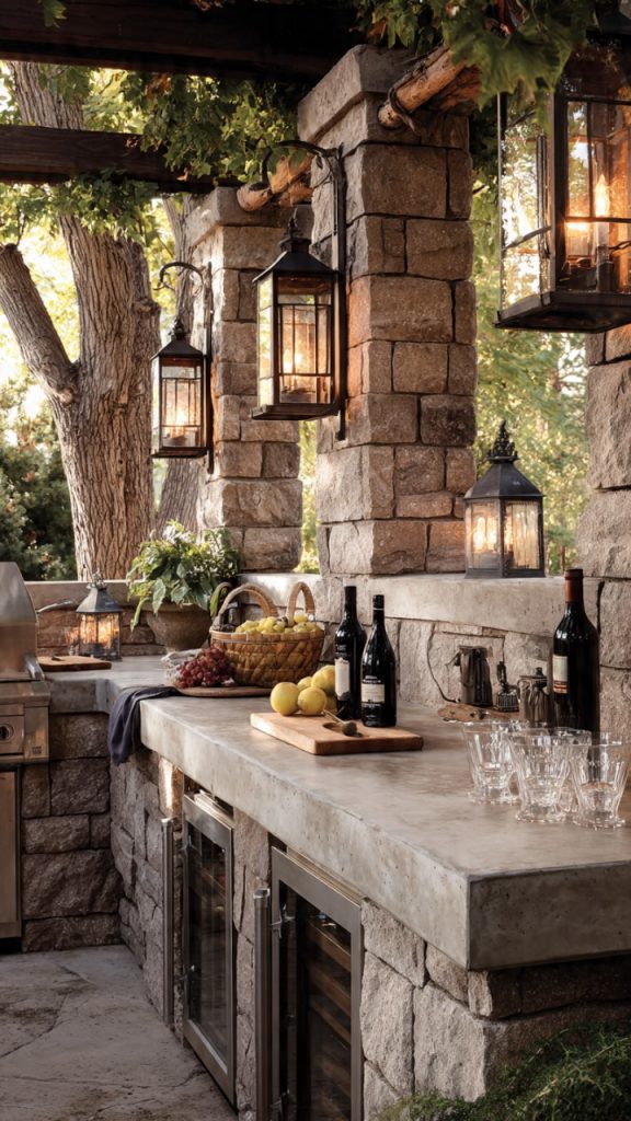 An outdoor kitchen with a retractable awning or modern louvered roof for weather adaptability.