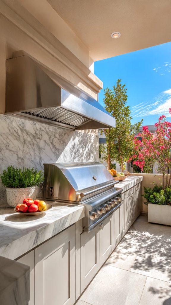 An outdoor kitchen combined with a fire pit, offering a cozy focal point for year-round gatherings