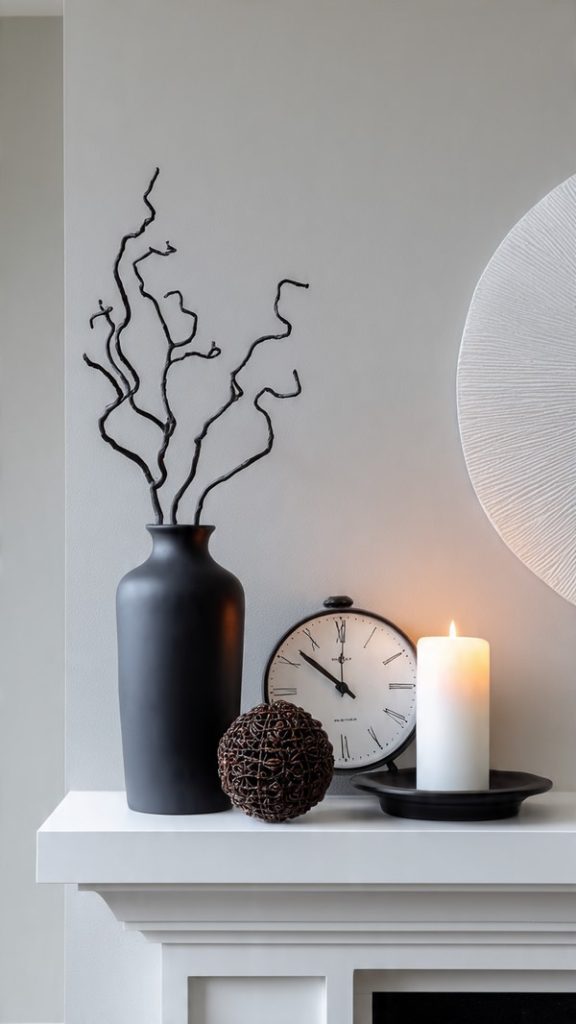 Geometric candleholders on a clean white mantel