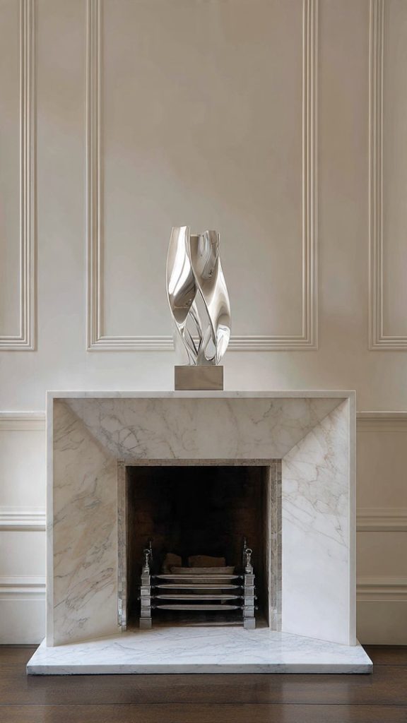 Floating shelves with minimal decor above a fireplace