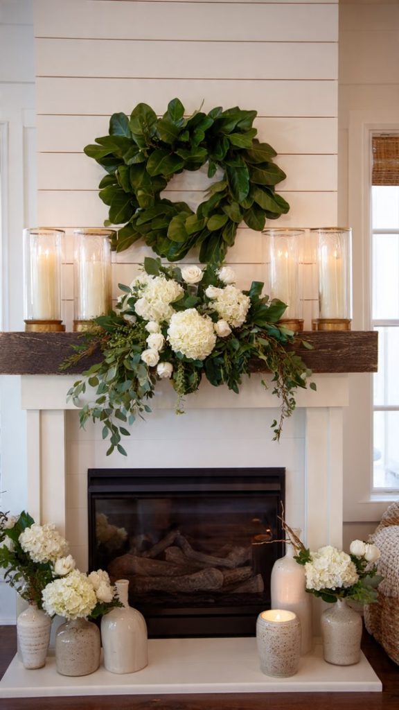 Built-in LED lighting highlighting a simple mantel design