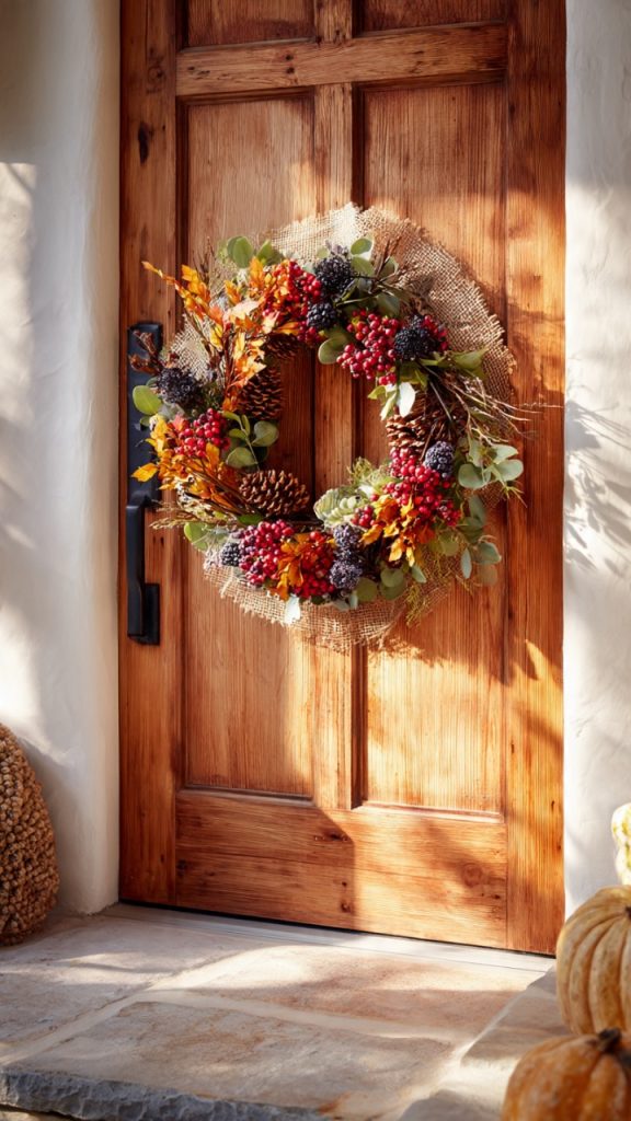 Large potted plants framing a bohemian front door