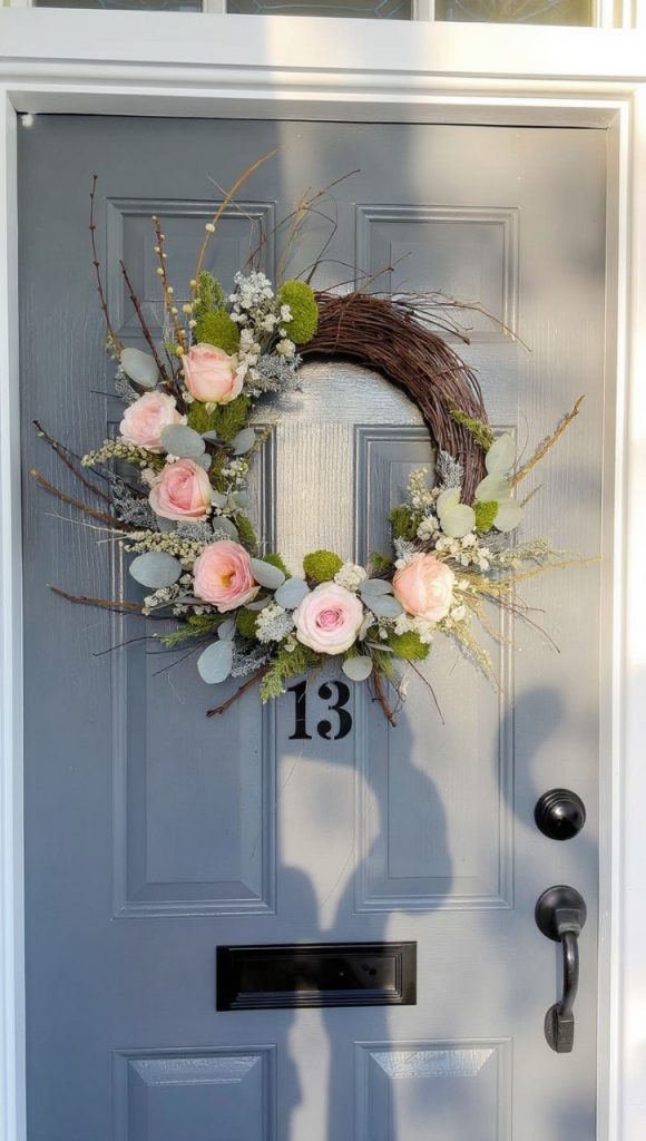 Brightly painted boho-inspired front door with brass hardware