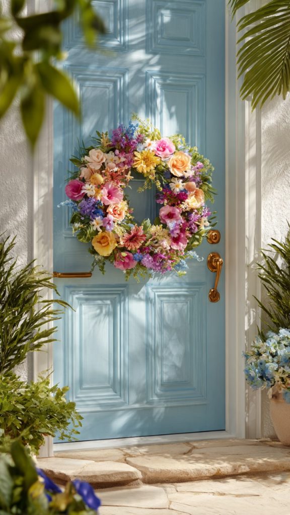 Pampas grass wreath on a rustic front door