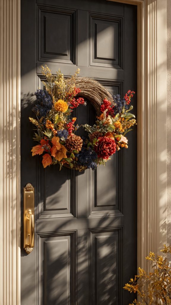 String lights and lanterns around a boho entry