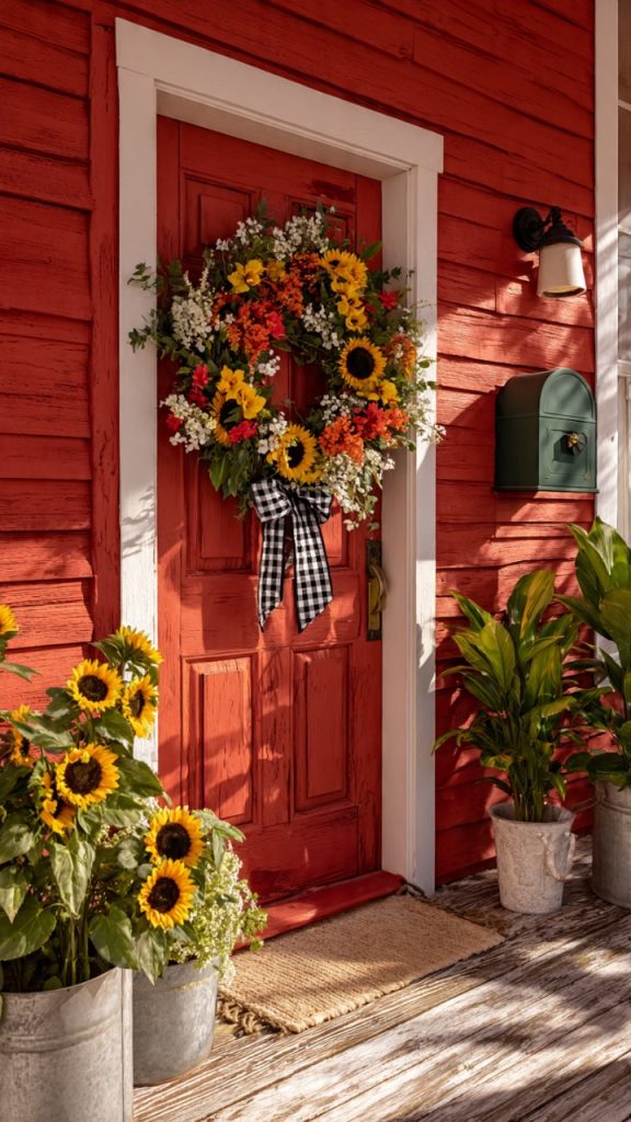 Rattan bench with patterned cushions at a front porch