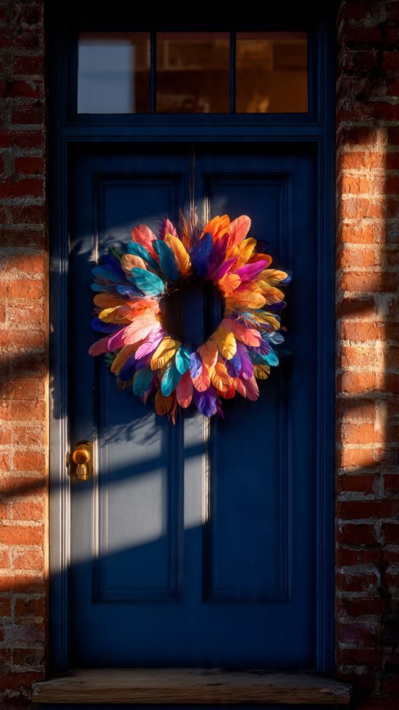 Layered outdoor rugs in boho patterns at the doorway