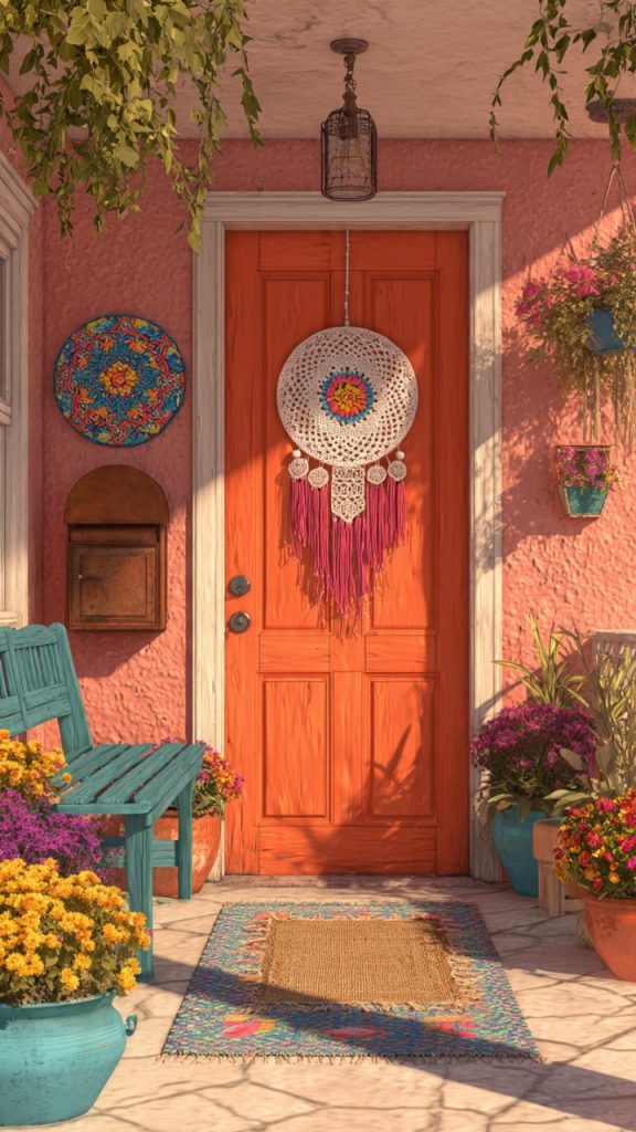 Rustic welcome sign with potted plants