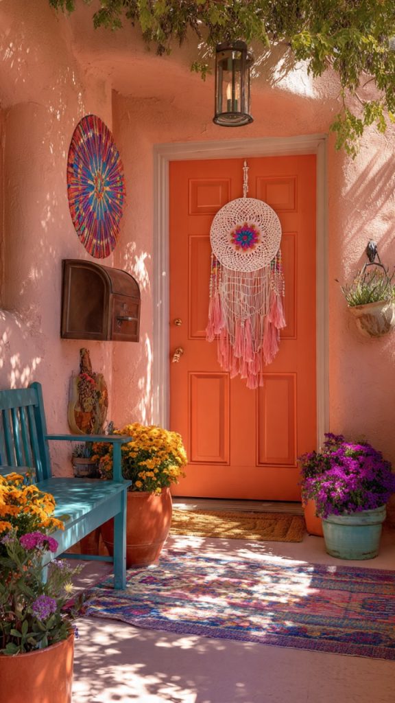 Patterned ceramic planters at a colorful front entrance