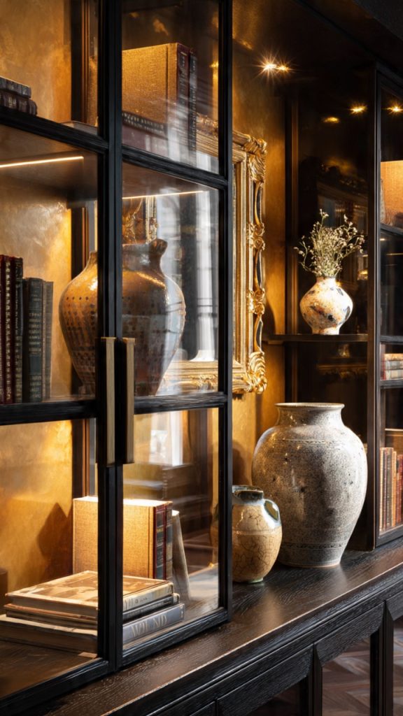 Floating shelves under staircase with décor