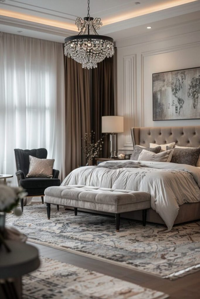 Floating shelves styled in a chic bedroom aesthetic