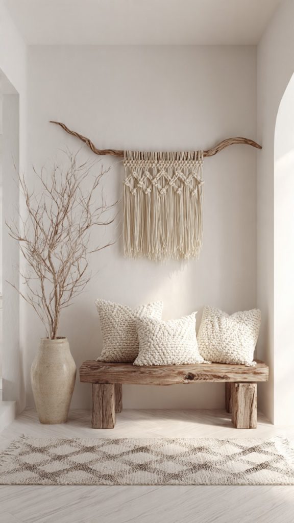Boho hallway bench with patterned cushions