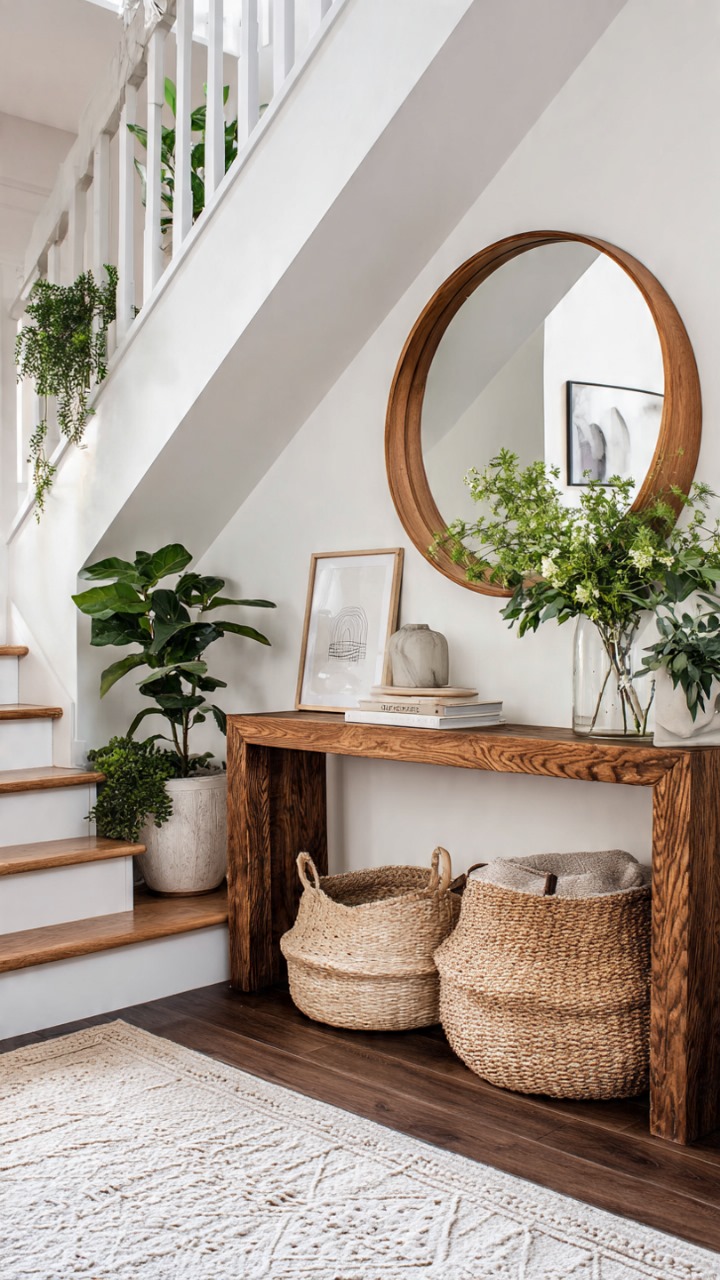Rustic wooden shelves with plants and books
