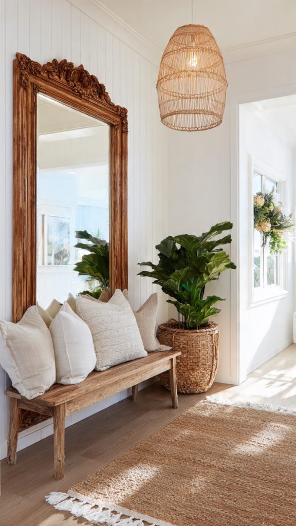 Lanterns and candles in rustic entryway