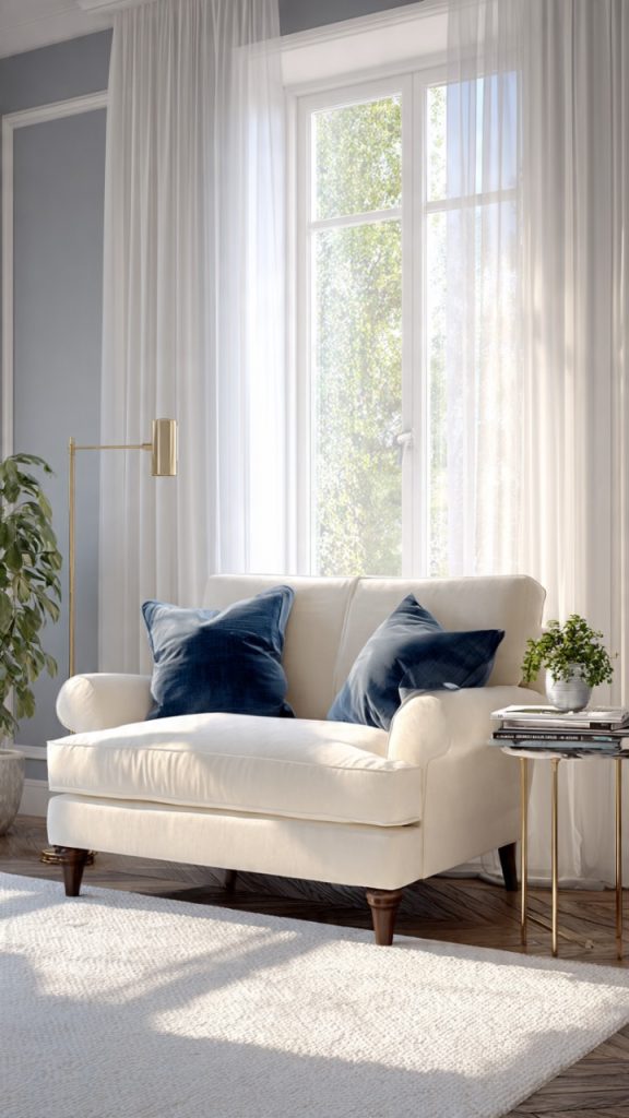 Floor cushions and poufs in a small bedroom
